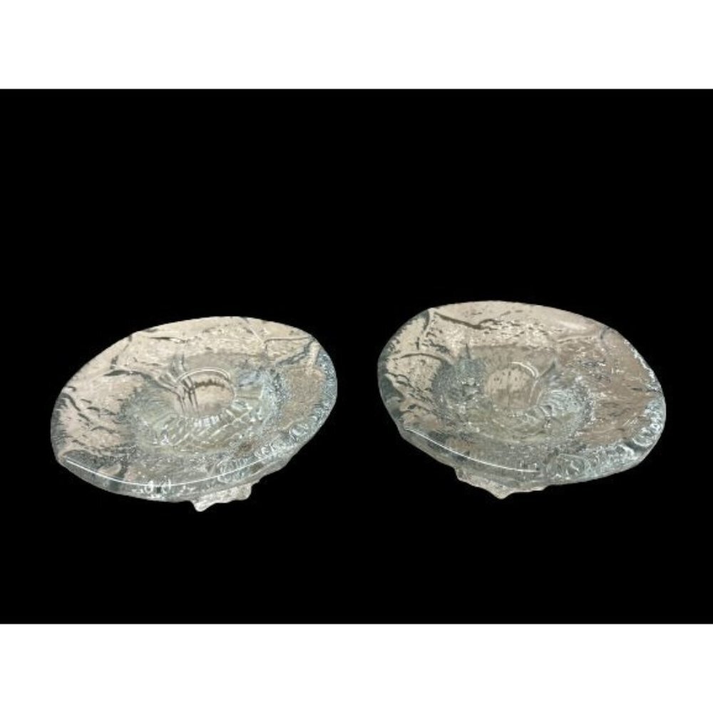 Set of 2 BLENKO Candle Holders Clear Glass Sunflower Pattern Mid-Century Modern